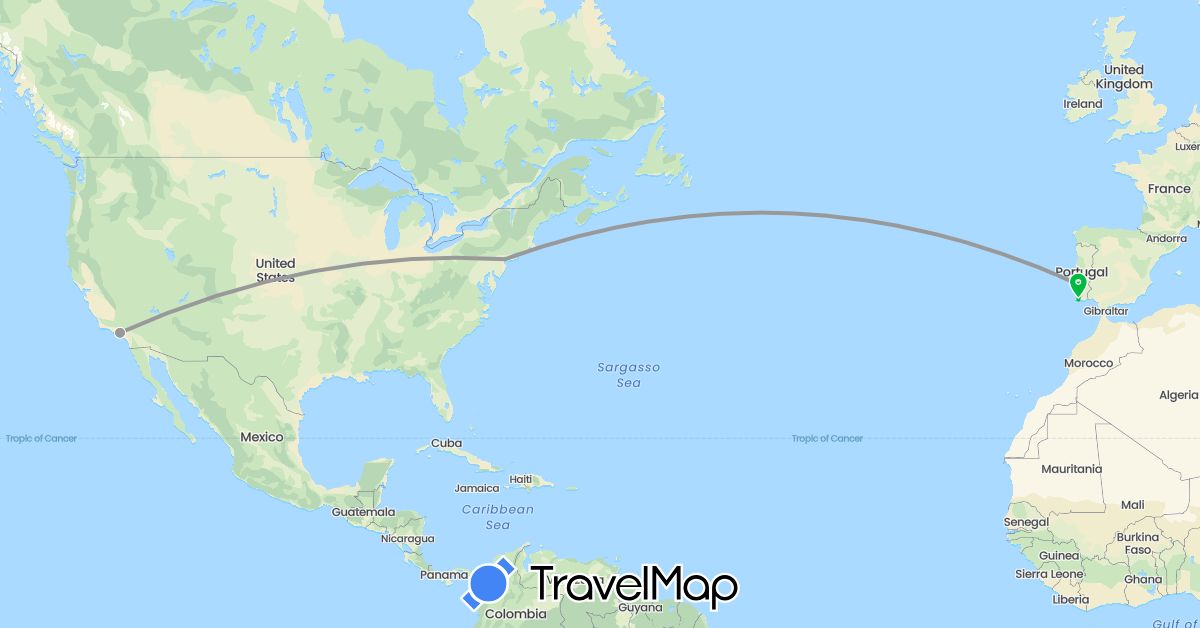 TravelMap itinerary: driving, bus, plane in Portugal, United States (Europe, North America)